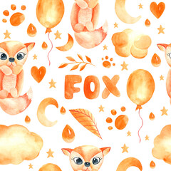 Watercolor seamless pattern with cute red foxes on a white background. Design of children's clothing for children with chanterelles. Cute watercolor fox, branches, leaves, hearts, balloon.