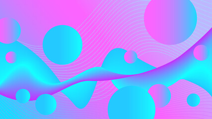 Obraz na płótnie Canvas Neon cyan fluid and flying spheres, magenta background. Flowing liquid illusion. Abstract wave pattern. Bright colored 3d shapes. Futuristic design for landing page, flyer, poster, promotion materials