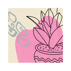 line art botany template poster with croton and abstracts paint texture and color spots. wall art or postcard template. Vector illustration © Kate