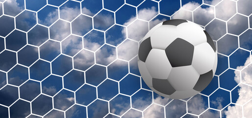3D-illustration. Goal net texture for ball in goal with clouds. Soccer ball or football net pattern.  Blue sky background banner. wk, ek play model. Sport finale or school, sports. 2021