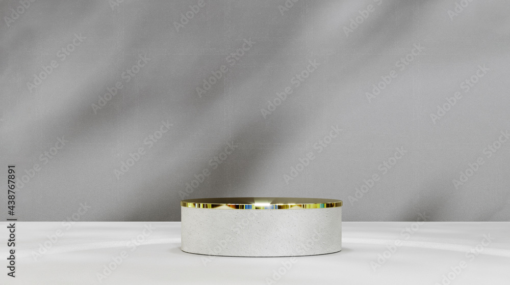 Poster empty showcase pedestal product display for cosmetic presentation. 3d rendering gold podium geometry