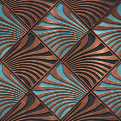 Bronze and copper seamless texture with carving square pattern, 3D illustration, 3d panel - obrazy, fototapety, plakaty