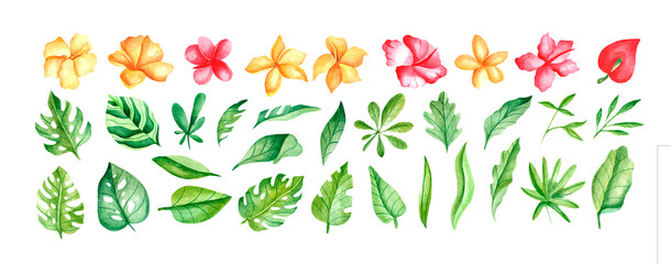 Watercolor set with tropical elements. Leaves, red, yellow hibiscus for printing on fabrics, dishes, prints, clothing, postcards, mugs. Flower set with watercolor elements with flowers and leaves. © Екатерина Каболова