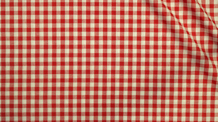 Texture of tablecloth with wavy fold, Checkered pattern and red tone, Cloth wallpaper background