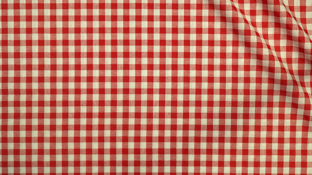 Texture of tablecloth with wavy fold, Checkered pattern and red tone, Cloth wallpaper background