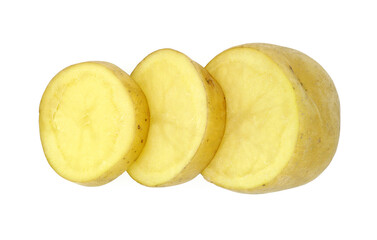 Naklejka na ściany i meble Raw potato sliced into pieces, Organic vegetable, Isolated on white background, Cut out with clipping path
