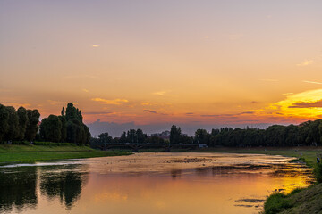 forest, river, sunrise