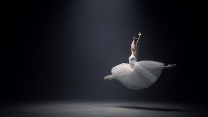 Gorgeous woman soaring in ballet dress on stage. Ballerina dancing indoors. - obrazy, fototapety, plakaty