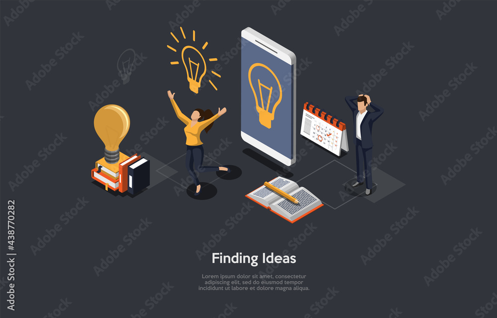Poster composition on dark background. 3d isometric vector design, cartoon style. brainstorming and finding