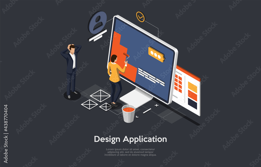 Poster application design development process concept art. cartoon 3d style, vector isometric composition. 
