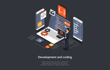 Program Development And Coding Working Process Concept Design. Cartoon 3D Style, Vector Isometric Composition. Infographic Elements And Person Standing Near Laptop. Application Making Technology Step.