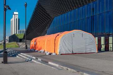 Katowice, Silesia, Poland; June 4, 2021: Mobile medical tent set up in front of the International...