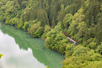 Fototapeta na wymiar 只見川沿いを走る只見線の2両列車