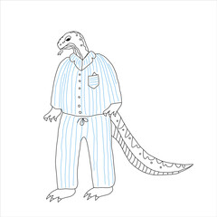 A lizard in pajamas. A hand drawn lizard is standing in a pair of striped sleeping pajamas