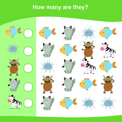 Counting game for Preschool Children. Educational printable math worksheet. Additional puzzles for kids. Vector illustration in cartoon style. Counting how many similar images.