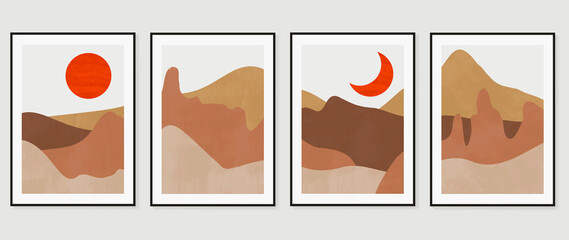 Mountain background wall art vector set. Sunrise and sunset with fog in mountains.  Earth tones landscapes abstract arts wallpaper design for wall framed prints, canvas prints, poster and home decor.