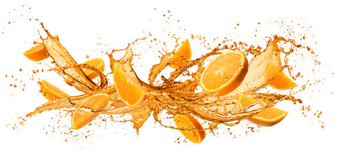 Orange fruit sliced with splashing juice isolated on white background - 438771639