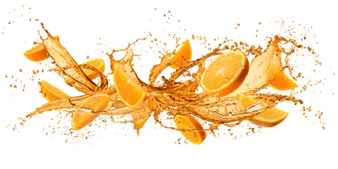 Gordijnen Orange fruit sliced with splashing juice isolated on white background © winston