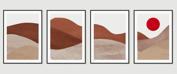 Mountain background wall art vector set. Sunrise and sunset with fog in mountains.  Earth tones landscapes abstract arts wallpaper design for wall framed prints, canvas prints, poster and home decor.