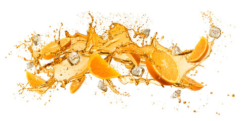 Splashing orange juice with slices and ice cube, isolated on white background