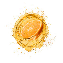 Splashing orange juice with orange fruit, isolated on white