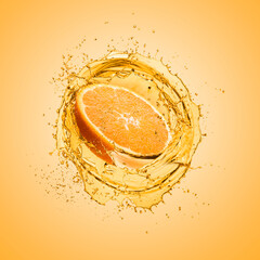 Splashing orange juice with orange slice on colored background