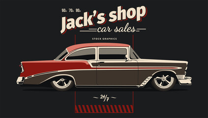 Classic car graphically, vector illustration. View from side with perspective.