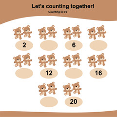 Counting bears game for Preschool Children. This worksheet is suitable for educating early age children to count multiples of two. Educational printable math worksheet. Additional worksheet for kids. 