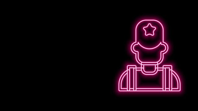 Glowing neon line Sheriff cowboy hat with star badge icon isolated on black background. Police officer. 4K Video motion graphic animation