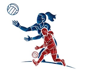 Group of Gaelic Football Female Players Sport Action Cartoon Graphic Vector - obrazy, fototapety, plakaty