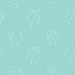 Seamless pattern with monstera leaves on blue background. Continuous one line drawing palm leaf. White line art on blue background.
