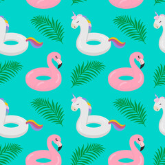 Beautiful seamless tropical pattern with Inflatable ring object with cute flamingo and unicorn shaped on a white background. Abstract summer texture. Design for fabric, wallpaper, textile and decor.