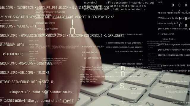 Creative visual of computer programming coding and software development shown by man working on computer keyboard with overlay of computer graphic displaying abstract program codes and computer script
