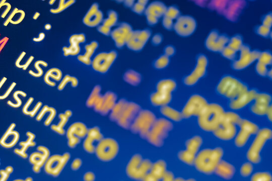 Software development pattern. Programmer monitor with php language code. Closeup tablet screen technology background