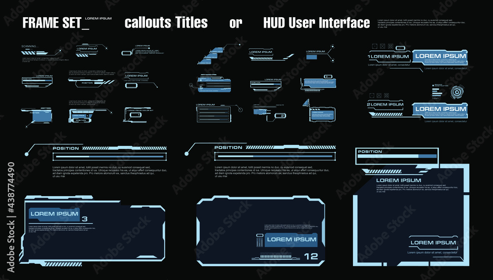 Poster set of callout titles and frames for hud ui user interface. modern digital panels for the interface