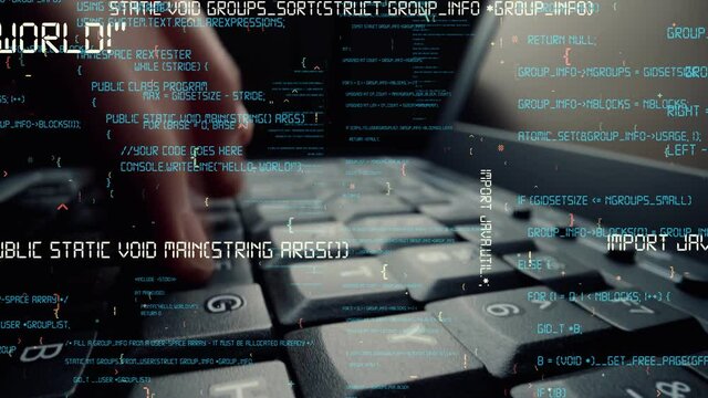 Creative visual of computer programming coding and software development shown by man working on computer keyboard with overlay of computer graphic displaying abstract program codes and computer script
