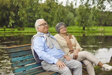 Happy married senior couple enjoying good time together. Relaxed mature man and woman sitting on an...