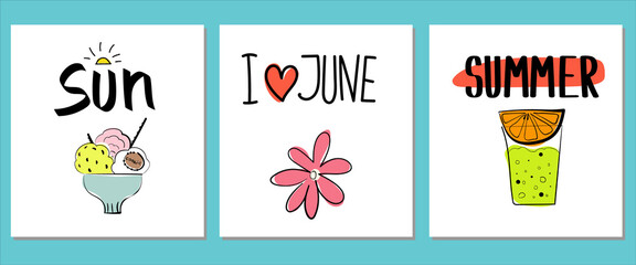 Summer doodle poster. Beach party banners with simple objects - cocktails and ice-cream, lettering. Vacation sticker elements. Vector hand
