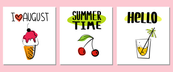 Summer doodle poster. Beach party banners with simple objects - cocktails and ice-cream, lettering. Vacation sticker elements. Vector hand
