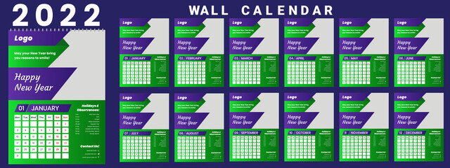 Printable calendar 2022, Wall calendar, week starts on monday, stationery design, organizer office, calendar 2022 with holidays, planner design, vector.