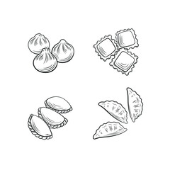 Vector set of different dumplings, outline drawings, black line illustration isolated on white background.
