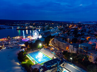 Aerial view of city Varna in Bulgaria. Summer holiday in Europe. Aerial evening photography, drone view.