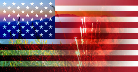 american flag banner, blue sky, sunset in the mountains and fireworks, pride, patriotic, freedom, independence and memorial day, fourth july celebration concept,double exposure