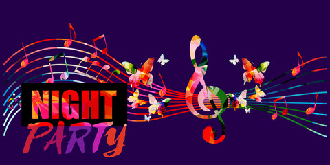 Colorful musical night party promotional poster with musical notes vector illustration. Artistic background with G-clef for live concert events, music festivals and shows, party flyer template