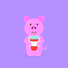 Cute Pig Drink Coffee Cartoon