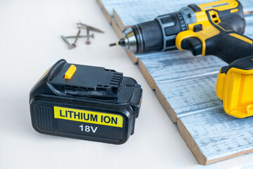 Close up 18 volt recharge Li-ion battery for electric cordless tool,saw,rotary...
