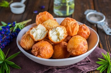 Round fried donuts in a ceramic bowl on a brown wooden background.