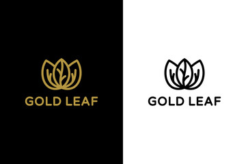 Vector Logo Design Leaf with line art style , in color gold and black