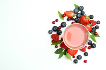 Delicious fresh berry mix and juice on white background