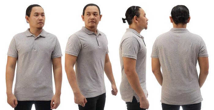 Blank collared shirt mock up template, front and back view, Asian male model wearing plain greys t-shirt isolated on white. Polo tee design mockup presentation